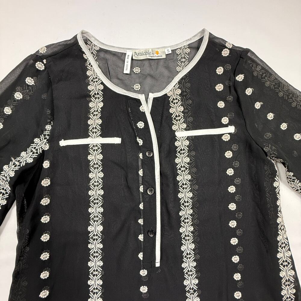 90s Black Floral Embroidered Tunic Shirt Sheer Bohemian Blouse Ethnic Size S - Picture 6 of 11